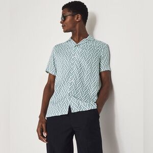 105 REISS Men’s Uptown Printed Cuban Collar Shirt, Blue, Large